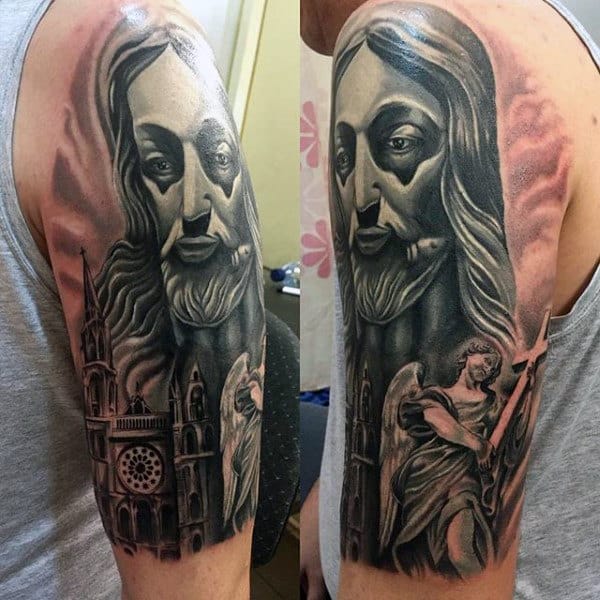 Mens Angel Bearing Cross With Jesus Half Sleeve Tattoo