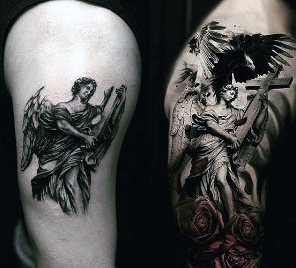 Two detailed angel tattoos, one monochrome on left arm and one intricate on right arm