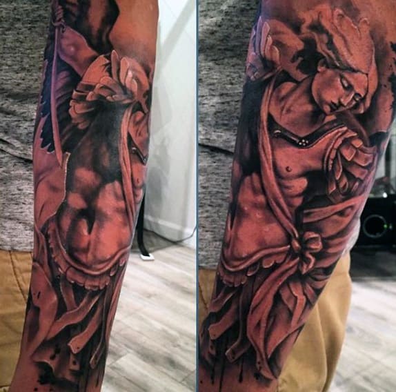 Tattoo of a classical Renaissance-style statue on a person's arm
