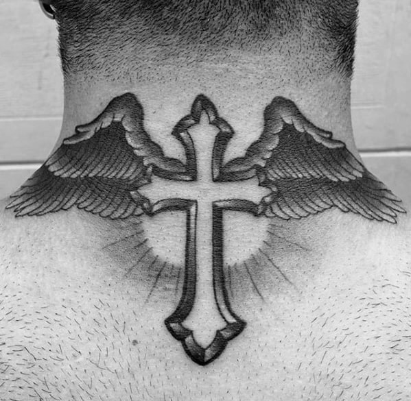 Mens Angel Wings With Cross Traditional Back Of Neck Tattoo