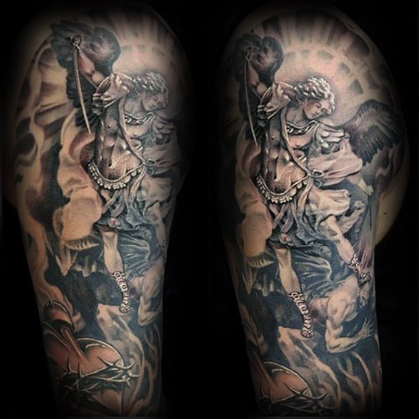 Mens Angel With Devil Catholic Half Sleeve Tattoo Designs
