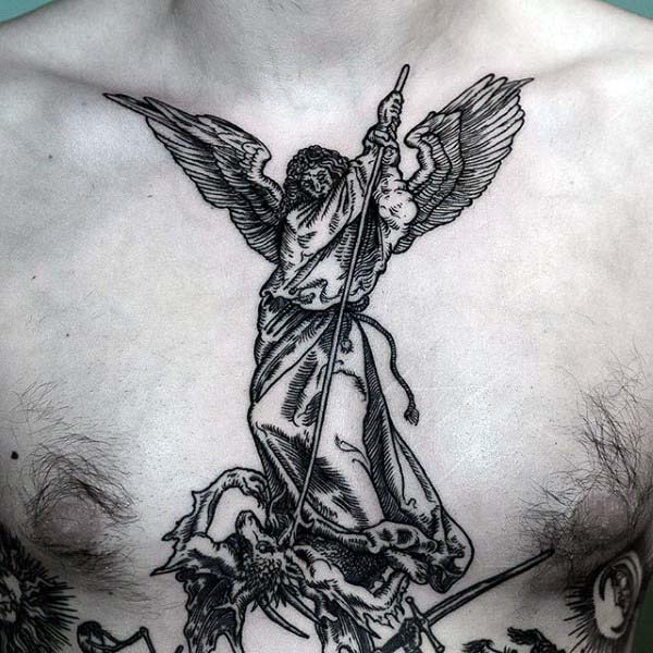 Mens Angel Woodcut Chest Tattoos
