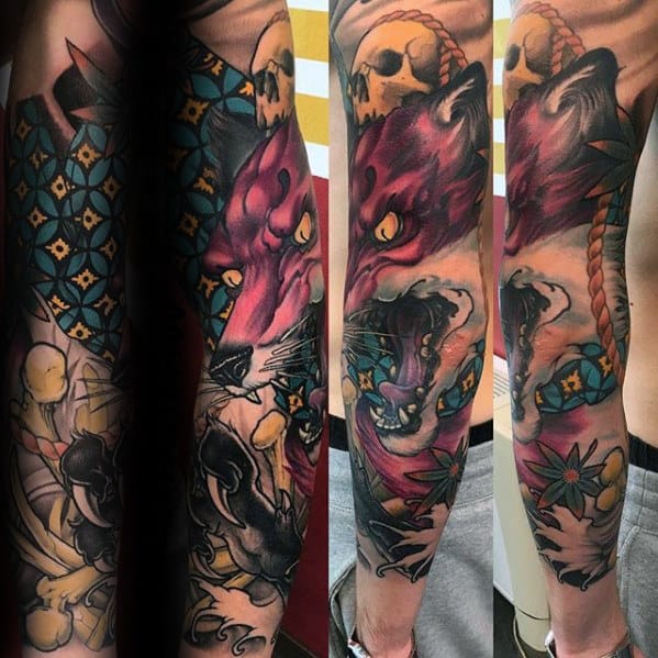 Mens Angry Kitsune Fox Full Leg Sleeve Tattoo Designs