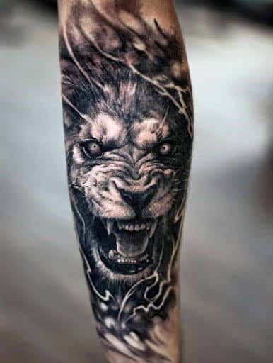 Mens Angry Lion Forearm Sleeve Tattoo Design Ideas