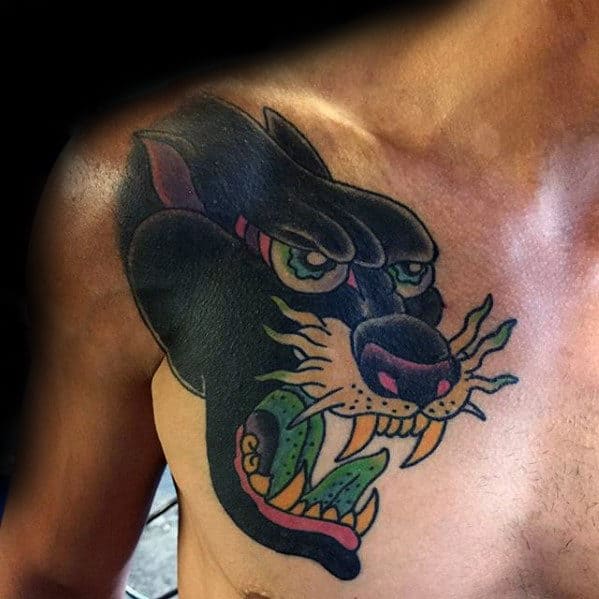Mens Angry Panther Traditional Shoulder And Chest Tattoo Designs