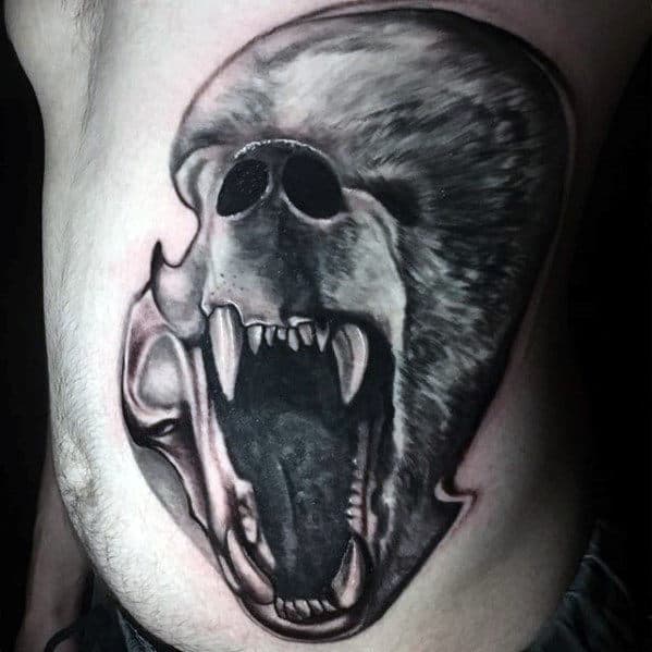 Mens Angry Roaring Bear Skull Rib Cage Side Tattoo