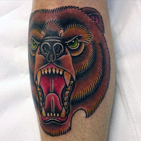 Mens Angry Traditional Bear Leg Tattoo Design Ideas