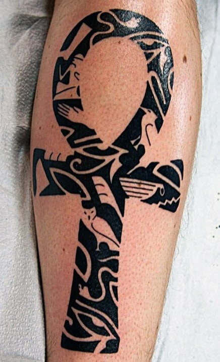 Mens Ankh Tribal Tattoo Design On Leg