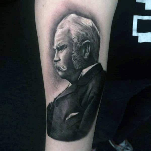 Mens Ankles Black And Grey Suited Old Man Tattoo