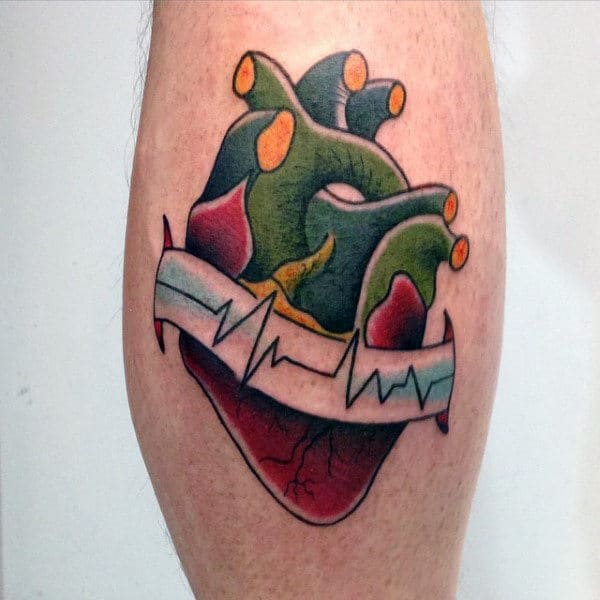 Mens Ankles Colorful Heart And Hearbeat Tattoo