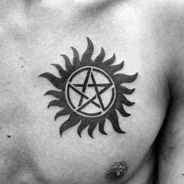 Mens Anti Possession Symbol Tattoo Design On Chest