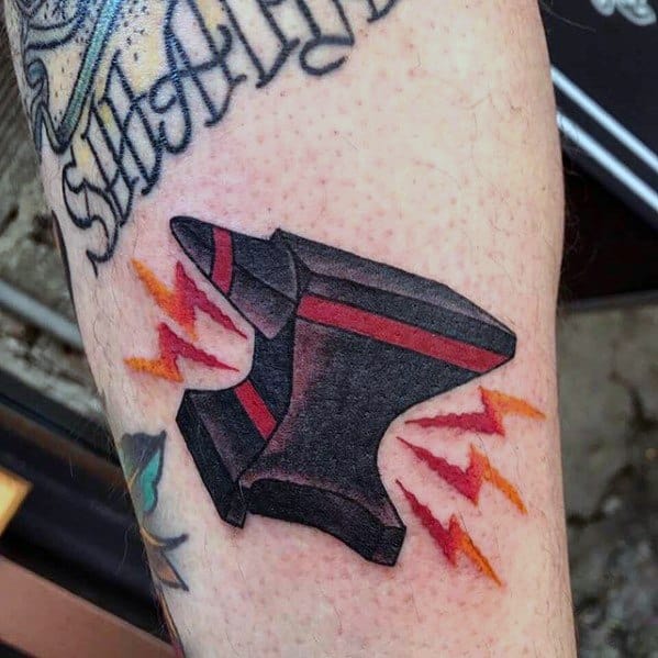 Stylized black anvil tattoo with red highlights and orange lightning bolts on both sides, giving it an electrifying and modern look.