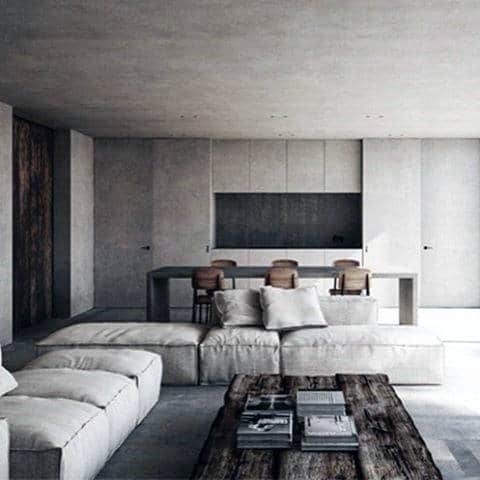 Open plan living and dining room with neutral tones, modern furniture, and minimalist design.