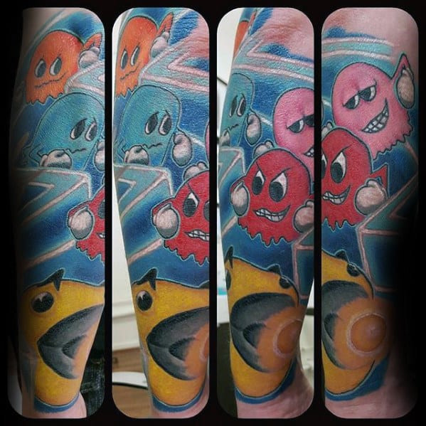 Mens Arcade Game Themed Pacman Sleeve Tattoo Designs