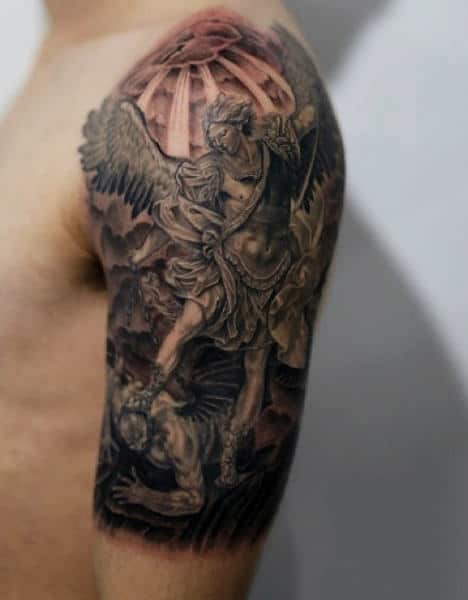 Men's Archangel Micheal Tattoo On Arm And Shoulder
