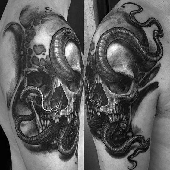 Skull surrounded by twisting octopus tentacles, with detailed shading and dramatic contrasts, creating a bold, dark design.