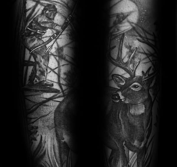 Black and grey tattoo of a bowhunter in a tree stand aiming at a buck in the forest, with a full moon casting light through the trees.
