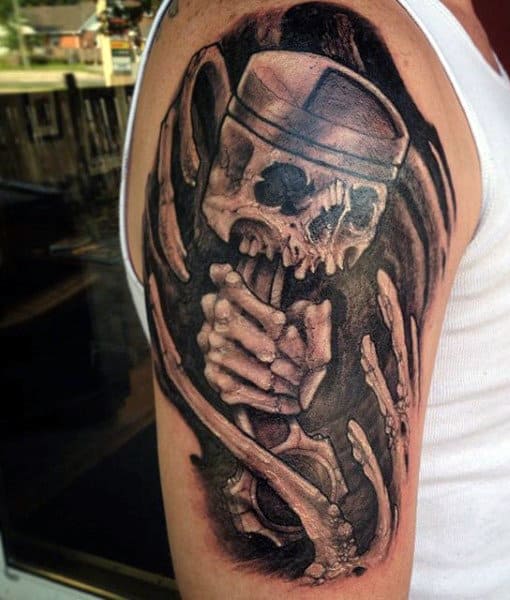 Men's Arm Tattoo With Skeleton Holding Piston