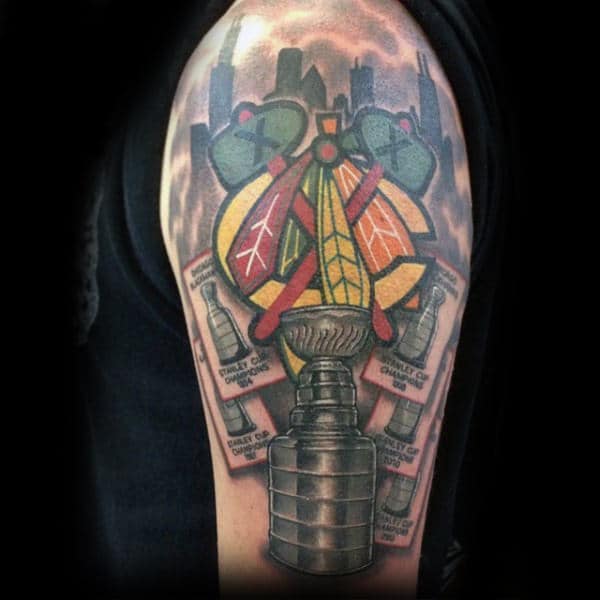 Mens Arm Chicago Blackhawks Trophies Tattoos