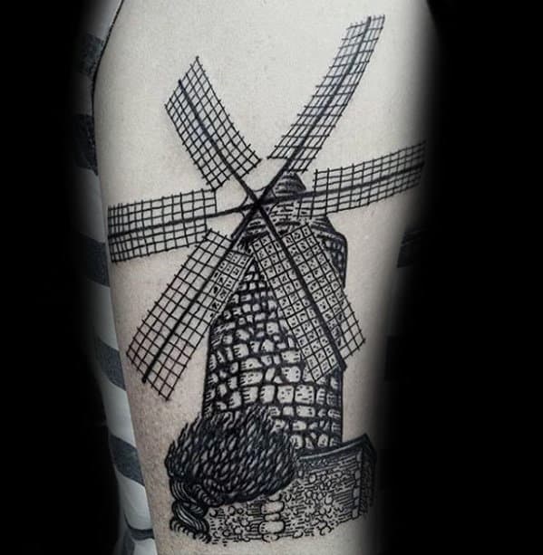 Mens Arm Detailed Windmill Tattoo