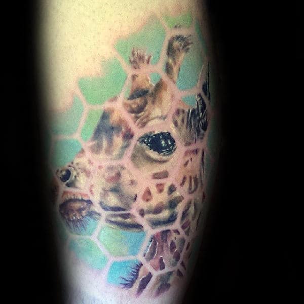 Mens Arm Giraffe Hexagon Tattoo With Watercolor Background