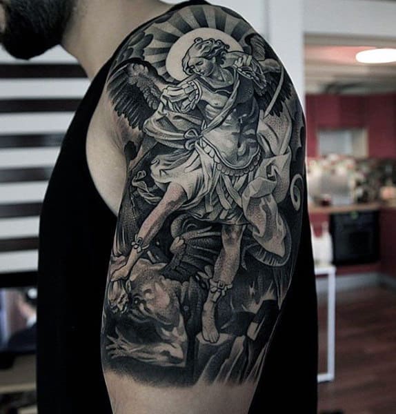 Mens Arm Guardian Angel Killing Demon Tattoo