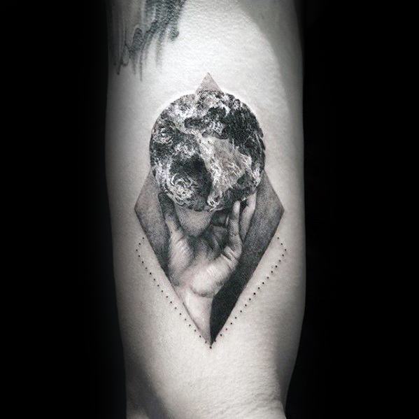 Mens Arm Hand Holding Earth Small Detailed Tattoo