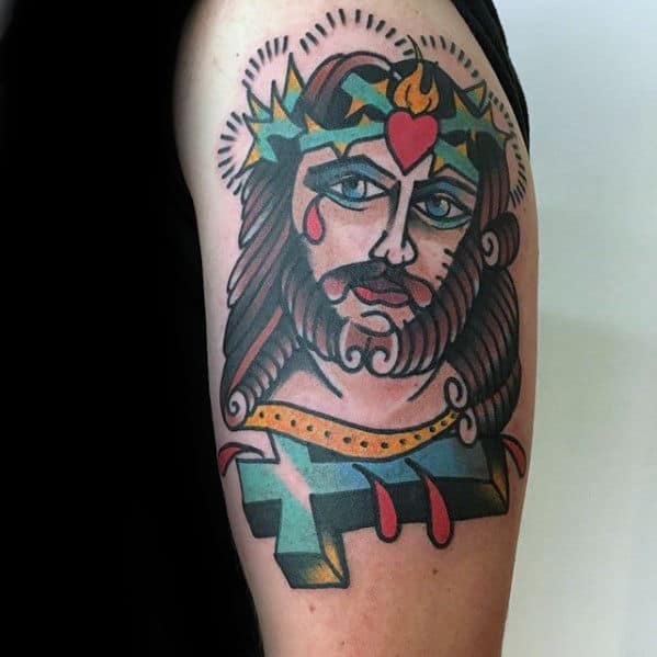 Mens Arm Jesus With Cross Tattoo With Traditional Design