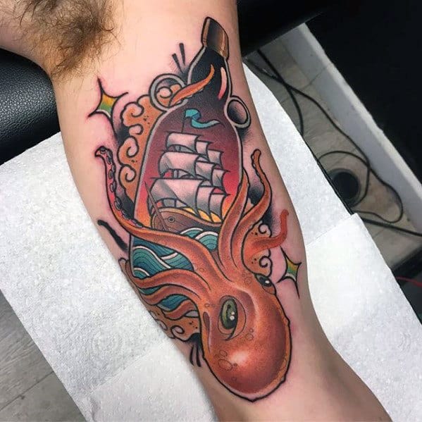 Mens Arm Old School Traditional Octopus Tattoos