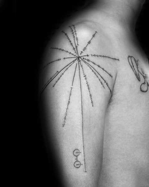 Black line tattoo of a scientific design featuring a pulsar map on a person's shoulder and arm