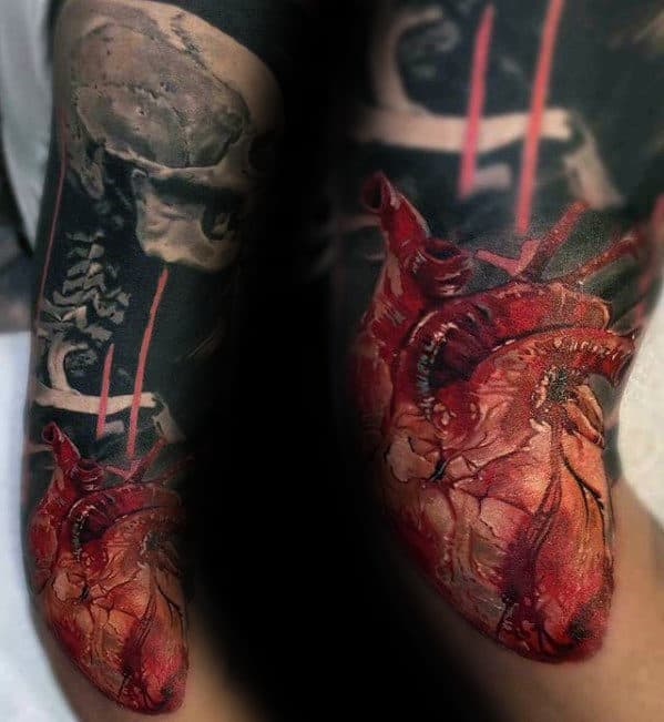 Mens Arm Sleeve Anatomical Heart Realistic Tattoo Ideas