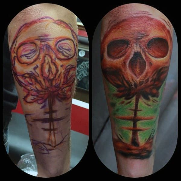 Mens Arm Smoky Skull Bomb Burst Tattoos