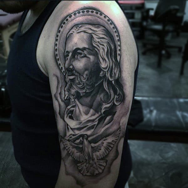 Mens Arm Tattoo Of Jesus With Flying Dove