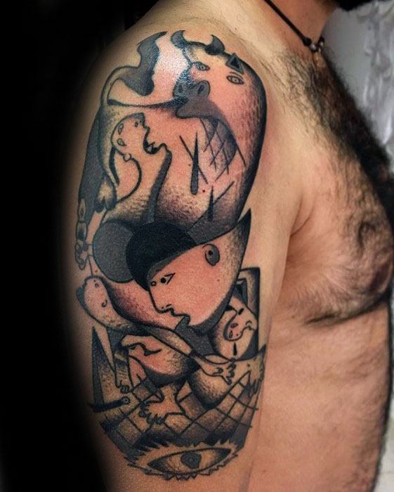 Upper arm tattoo in Picasso’s abstract style with layered faces, distorted forms, and muted color tones, anchored by an eye at the base.