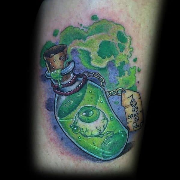 Mens Arm Tattoo With Poison Bottle Design