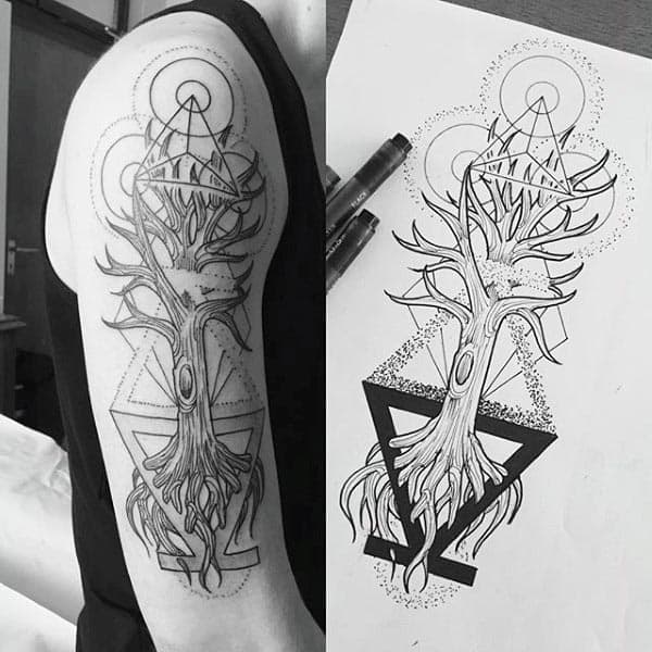 Mens Arm Tree Of Life Geometric Tattoo Design Ideas