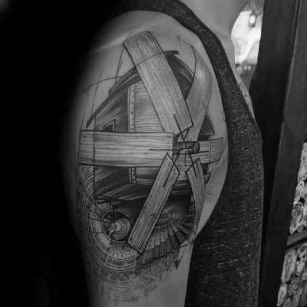Mens Arm Wood Windmill Tattoo Design Inspiration