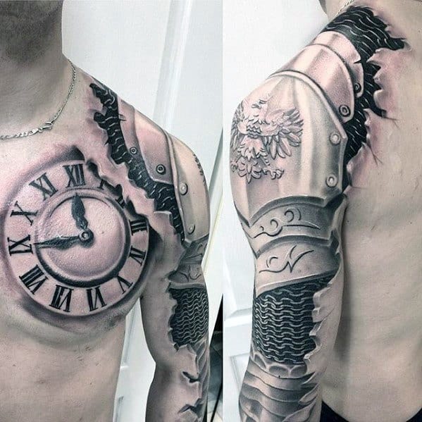 Mens Armor With Roman Numeral Clock Sleeve 3d Tattoo Ideas With Great Design