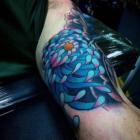 Mens Arms Amazing Blue Neo Tradition Feather Tattoo