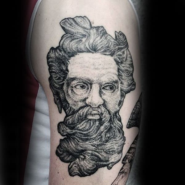 Mens Arms Bearded Gray Man Dotwork Tattoo