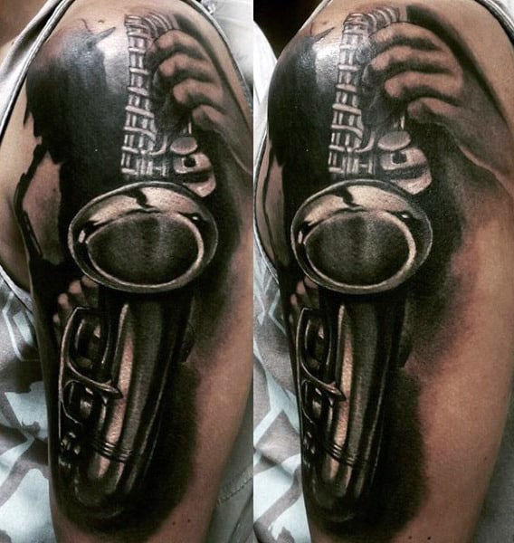 Mens Arms Black And White Saxophone Tattoo