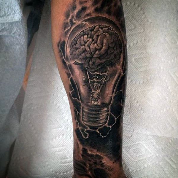 Mens Arms Brain Inside Bulb Lightening Tattoo
