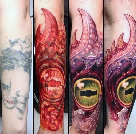 Mens Arms Colorful Crystal Clear Eye Tattoo