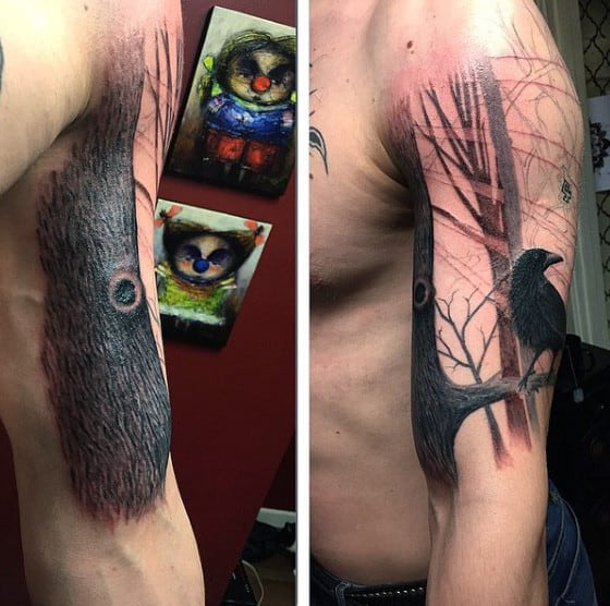 Mens Arms Crow On Oak Tree Branch Tattoo