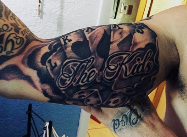 Mens Arms Dice And Playing Cards Family Tattoo