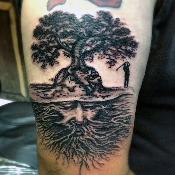 Mens Arms Golfing Under Tree With Wise Man Roots Tattoo
