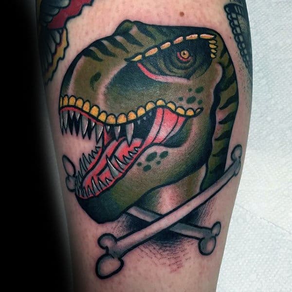 Mens Arms Green Dinosaur With Crossed Bones Tattoo