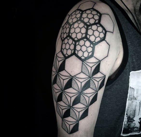 Mens Arms Honeycomb And Geometric 3D Blocks Tattoo