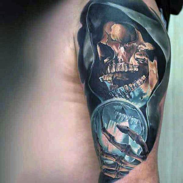 Mens Arms Horrendous Skull With Glass Ball Realism Tattoo