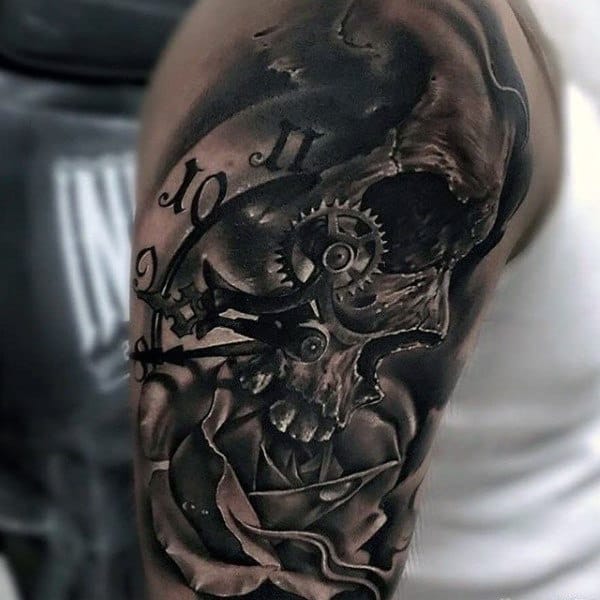 Mens Arms Interesting Clock And Melting Skull Tattoo